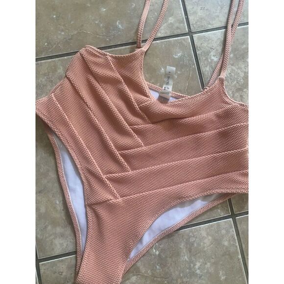 New Cupshe M High Waist Swim Bottom W Suspenders Peach - Picture 2 of 4